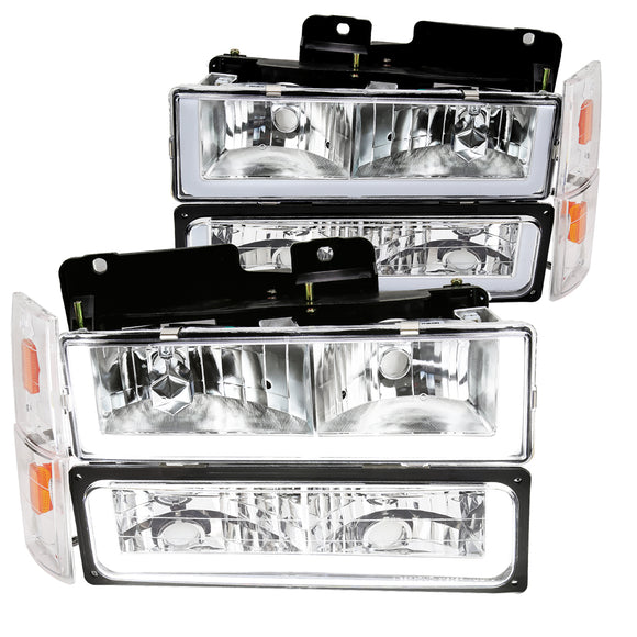 Coolstuffguru Chrome Housing Clear Lens LED Bar Headlights+Bumper Lights+Corner Lamps Compatible with GMC C10 C/K Suburban 1988-1993