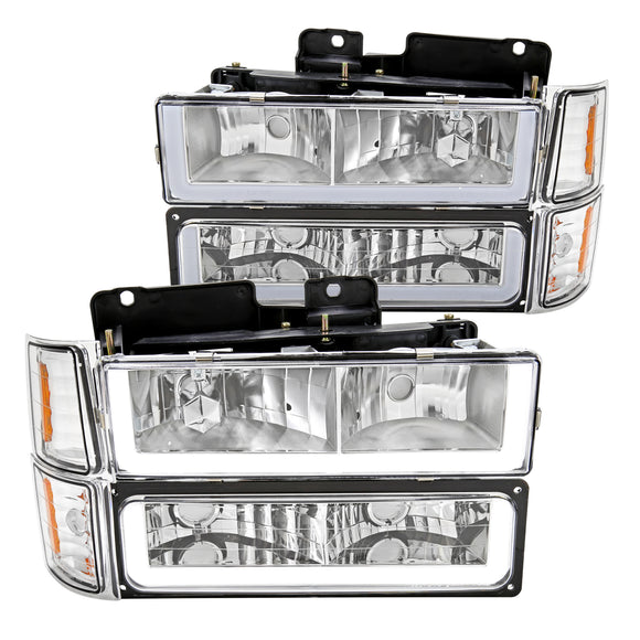 Coolstuffguru Chrome Housing Clear Lens Headlights Bumper Lamps w/ LED Tube Compatible with Chevy C10 1994-1998, C/K 1500/2500/3500