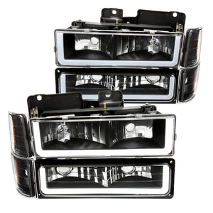 Coolstuffguru Black Housing Clear Lens Headlights Bumper Lamps w/ LED Tube Compatible with Chevy C10 1994-1998, C/K 1500/2500/3500