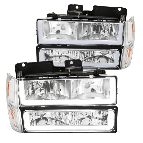 Coolstuffguru Chrome Housing Clear Lens LED Bar Headlights+Bumper Lights+Corner Lamps Compatible with GMC C10 C/K Suburban Sierra 1994-1998