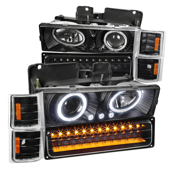 Coolstuffguru Compatible with Chevy C10 Silverado Black Clear Projector Headlights+LED Bumper+Corner Lamps