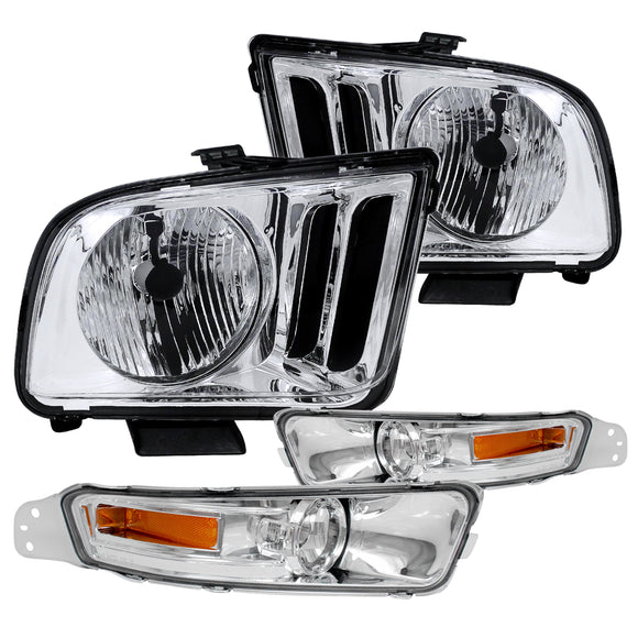 Coolstuffguru CHROME CRYSTAL HEADLIGHTS+CLEAR SIGNAL BUMPER LIGHT Compatible with 2005-2009 MUSTANG GT