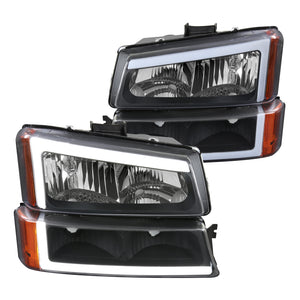 Coolstuffguru Black LED Strip Headlights Bumper Lamps Compatible with Chevy Silverado 1500 2500 2003-2007, 02-06 Avalanche, L+R Pair Head Light Lamp Assembly