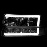 Coolstuffguru LED Bar Chrome Housing Clear Lens Headlights + Bumper Lights 4PC Compatible with Chevy Silverado 1999-2002, 00-06 Tahoe Suburban, L+R Pair Head Light Lamp Assembly