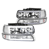 Coolstuffguru LED Bar Chrome Housing Clear Lens Headlights + Bumper Lights 4PC Compatible with Chevy Silverado 1999-2002, 00-06 Tahoe Suburban, L+R Pair Head Light Lamp Assembly