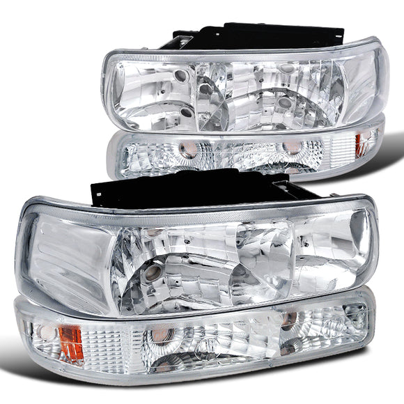 Coolstuffguru Chrome Housing Clear Lens Headlights + Bumper Lights Compatible with Chevy Silverado 1999-2002, 2000-2006 Tahoe Suburban, L+R Pair Head Light Lamp Assembly