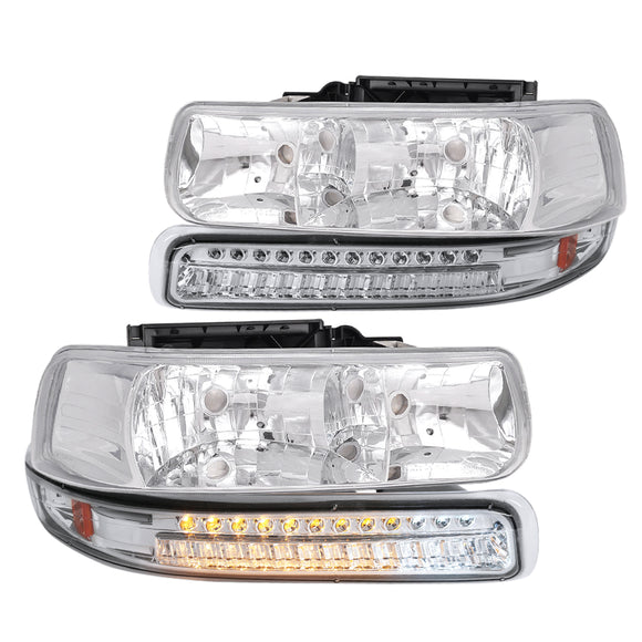 Coolstuffguru Compatible with Chevy Silverado Tahoe Suburban Chrome Clear Headlights+LED Bumper Lights