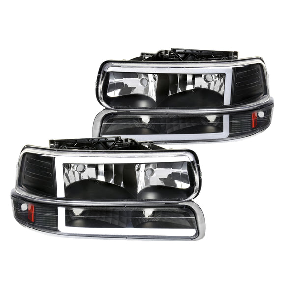 Coolstuffguru LED Bar Black Housing Clear Lens Headlights + Bumper Lights 4PC Compatible with Chevy Silverado 1999-2002, 00-06 Tahoe Suburban, L+R Pair Head Light Lamp Assembly