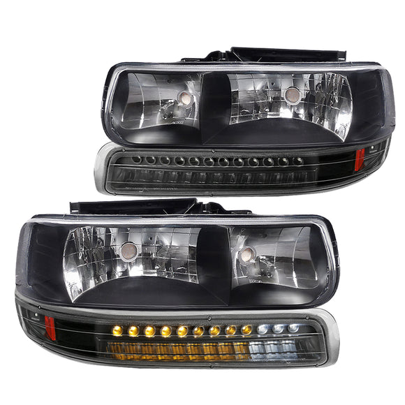 Coolstuffguru Black Housing Clear Lens Headlights + LED Bumper Lights Compatible with Chevy Silverado 1999-2002, 2000-2006 Tahoe Suburban, L+R Pair Head Light Lamp Assembly