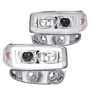 Coolstuffguru Chrome Housing Clear Lens LED Light Bar Projector Headlight + Bumper Light Compatible with GMC Yukon Denali 2001-2006, XL, Sierra, L+R Pair Head Light Lamp Assembly