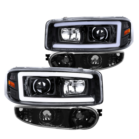 Coolstuffguru Glossy Black Housing Clear Lens LED Light Bar Projector Headlight + Bumper Light Compatible with GMC Yukon Denali 2001-2006, XL, Sierra, L+R Pair Head Light Lamp Assembly