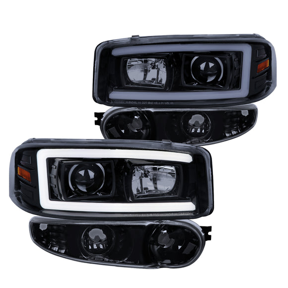 Coolstuffguru Smoke Lens LED Light Bar Projector Headlight + Bumper Light Compatible with GMC Yukon Denali 2001-2006, XL, Sierra, L+R Pair Head Light Lamp Assembly