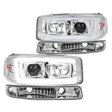 Coolstuffguru Chrome Housing Clear Lens LED Light Bar Projector Headlight + Bumper Light Compatible with GMC Sierra 1500 2500 3500 1999-2006, Yukon, XL, L+R Pair Head Light Lamp Assembly