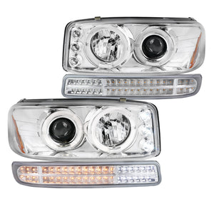 Coolstuffguru Chrome Housing Clear Lens Projector Headlights + Sequential LED Bumper Light Compatible with GMC Sierra 1500 2500 3500 1999-2006, Yukon, XL, L+R Pair Head Light Lamp Assembly