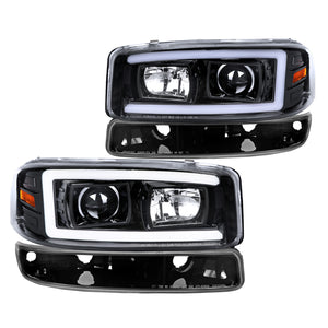 Coolstuffguru Glossy Black Housing Clear Lens LED Light Bar Projector Headlight + Bumper Light Compatible with GMC Sierra 1500 2500 3500 1999-2006, Yukon, XL, L+R Pair Head Light Lamp Assembly