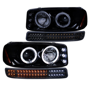 Coolstuffguru Glossy Black Housing Smoke Lens Projector Headlights + Sequential LED Bumper Light Compatible with GMC Sierra 1500 2500 3500 1999-2006, Yukon, XL, L+R Pair Head Light Lamp Assembly