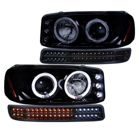 Coolstuffguru Glossy Black Housing Smoke Lens Projector Headlights + Sequential LED Bumper Light Compatible with GMC Sierra 1500 2500 3500 1999-2006, Yukon, XL, L+R Pair Head Light Lamp Assembly