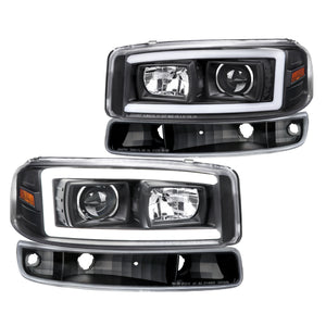 Coolstuffguru Black Housing Clear Lens LED Light Bar Projector Headlight + Bumper Light Compatible with GMC Sierra 1500 2500 3500 1999-2006, Yukon, XL, L+R Pair Head Light Lamp Assembly