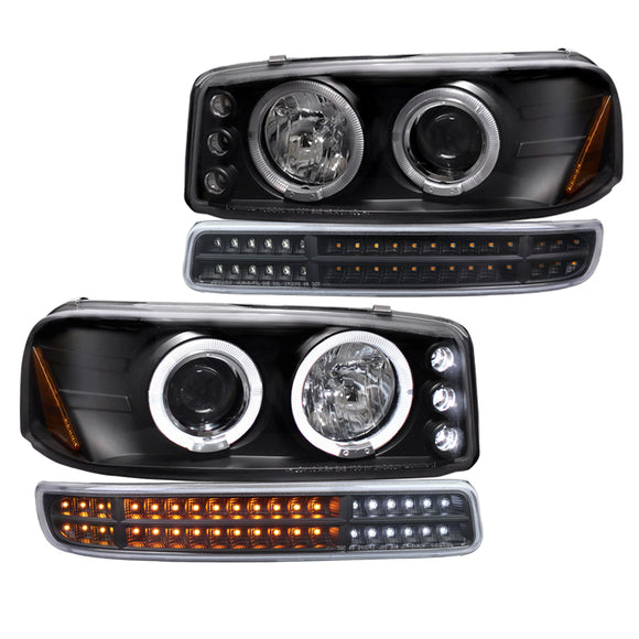 Coolstuffguru Black Housing Clear Lens Projector Headlights + Sequential LED Bumper Light Compatible with GMC Sierra 1500 2500 3500 1999-2006, Yukon, XL, L+R Pair Head Light Lamp Assembly