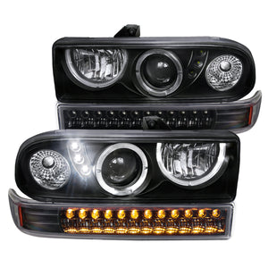 Coolstuffguru Compatible with Chevy S10 Blazer Halo LED Black Projector Headlights+LED Bumper Lights Pair