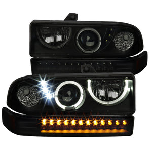 Coolstuffguru Compatible with Chevy S10 Blazer Black Smoke Halo Projector Headlights+LED Bumper Lamps