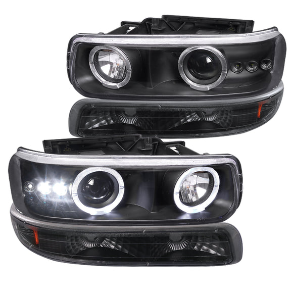 Coolstuffguru Black Housing Clear Lens LED Halo Projector Headlights + Bumper Lights Compatible with Chevy Silverado 1999-2002, 00-06 Tahoe Suburban, L+R Pair Head Light Lamp Assembly