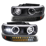 Coolstuffguru Black Housing Clear Lens LED Halo Projector Headlights + LED Bumper Lights Compatible with Chevy Silverado 1999-2002, 00-06 Tahoe Suburban, L+R Pair Head Light Lamp Assembly