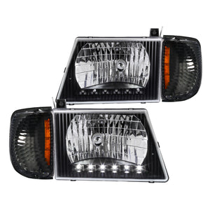 Coolstuffguru Compatible with FORD 92-06 BLACK ECONOLINE VAN LED HEADLIGHT w/ CORNER LAMPS E250 E350