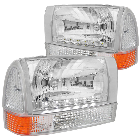 Coolstuffguru CRYSTAL CLEAR LED HEADLIGHTS W/ CORNER Compatible with 1999-2004 FORD F250 F350 F450