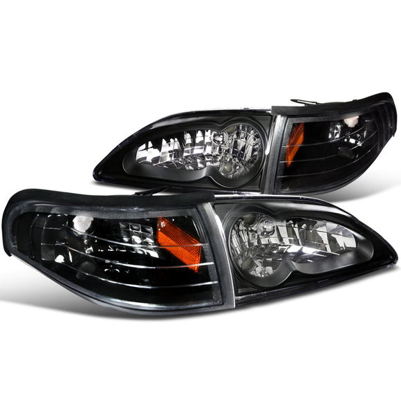 Coolstuffguru Compatible with EURO BLACK 94-98 MUSTANG CRYSTAL HEADLIGHTS+TURN SIGNAL CORNER LAMPS