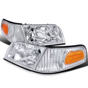 Coolstuffguru Compatible with Ford Crown Victoria Crystal Chrome Headlights+Clear Amber Corner Lamps