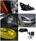 Coolstuffguru Compatible with Honda Accord 4Dr Crystal Headlights Black+Yellow Fog Bumper Lamps