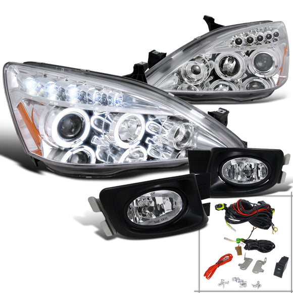 Coolstuffguru Compatible with Honda Accord Sedan 4Dr LED Projector Chrome Headlights+Clear Driving Fog Lam