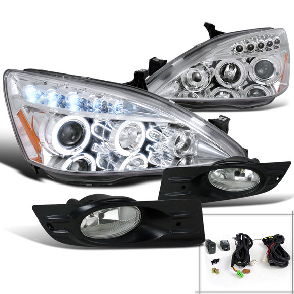 Coolstuffguru Compatible with Honda Accord 2Dr Chrome Halo LED Projector Headlights+Clear Bumper Fog Light