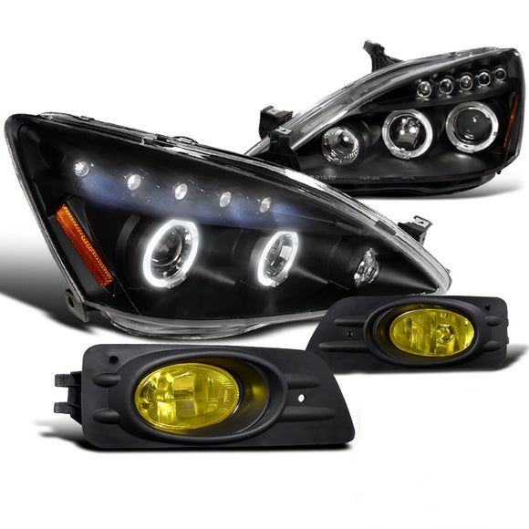 Coolstuffguru Compatible with Honda Accord 4Dr Black Halo LED Projector Headlights+Yellow Bumper Fog Light