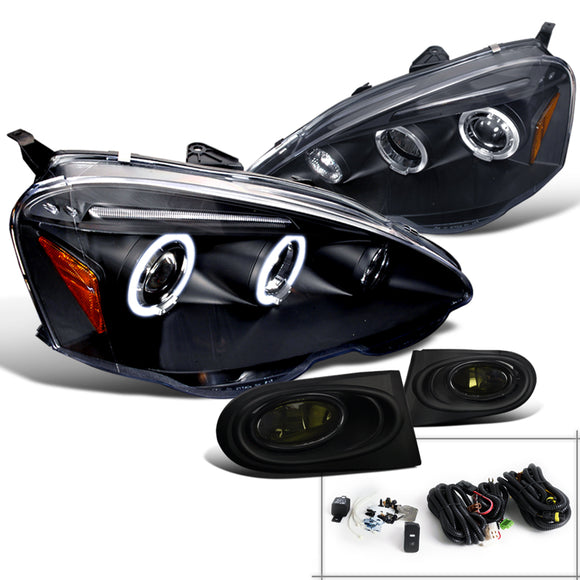 Coolstuffguru Compatible with Acura RSX Black Dual Halo LED Projector Headlights+Smoke Fog Lights