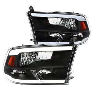 Coolstuffguru Black Headlights w/ LED Strips Bar Compatible with Dodge Ram 1500 2500 3500 Quad Style 2009-2018