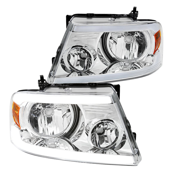 Coolstuffguru Headlights Lamps w/ LED Bar Strip Compatible with Ford F150 2004-2008, 06-08 Lincoln Mark LT L+R Pair Head Light Lamp Assembly