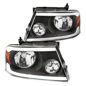 Coolstuffguru Matte Black LED Strip Headlights Lamps Compatible with Ford F150 2004-2008, 06-08 Lincoln Mark LT L+R Pair Head Light Lamp Assembly