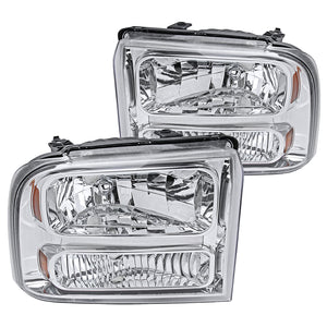 Coolstuffguru Compatible with Ford F250 F350 F450 F550 Excursion Chrome Clear Headlights+Amber Reflector Pair