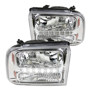 Coolstuffguru Compatible with Ford F250 F350 F450 F550 Excursion Chrome Clear LED Headlights+Amber Reflector