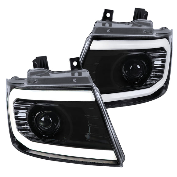 Coolstuffguru LED Strip Jet Black Projector Headlights Compatible with Chevy Avalanche 2007-2013, 2007-2014 Tahoe Suburban, L+R Pair Head Light Lamp Assembly