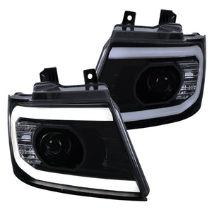 Coolstuffguru LED Strip Glossy Black Projector Smoke Headlights Signal Compatible with Chevy Avalanche 2007-2013, 2007-2014 Tahoe Suburban, L+R Pair Head Light Lamp Assembly