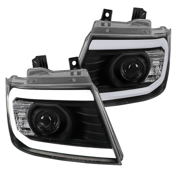 Coolstuffguru LED Strip Bar Black Projector Headlights w/ Turn Signal Compatible with Chevy Avalanche 2007-2013, 2007-2014 Tahoe Suburban, L+R Pair Head Light Lamp Assembly