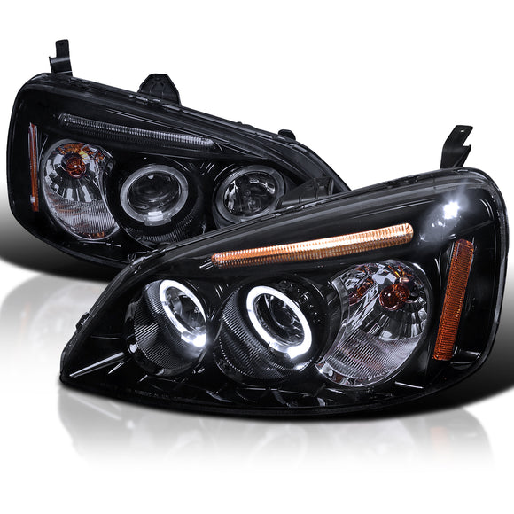 Coolstuffguru Compatible with Honda Civic Dual Halo Led Glossy Black Projector Headlights