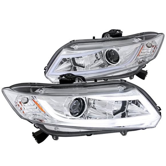 Coolstuffguru Chrome Housing Clear Lens Projector Headlights W/ New Led Light Bar Compatible with Honda Civic 2/4Dr 2012-2014 L+R Pair Head Light Lamp Assembly