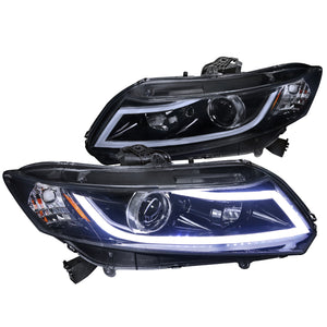 Coolstuffguru Projector Headlights W/ Led Light Bar Glossy Black Housing Smoke Lens Compatible with Honda Civic 2/4D 2012-2014 L+R Pair Head Light Lamp Assembly