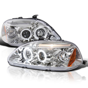 Coolstuffguru Compatible with Honda Civic Dual Halo Led Chrome Projector Headlights