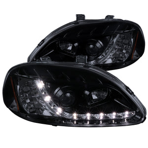 Coolstuffguru Compatible with Honda Civic Projector Smoked Headlights w/ R8 Style LED Glossy Black