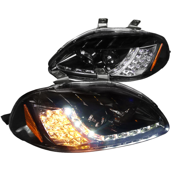 Coolstuffguru Compatible with Honda Civic Glossy Black Projector Headlights+R8 Style LED Turn Signal